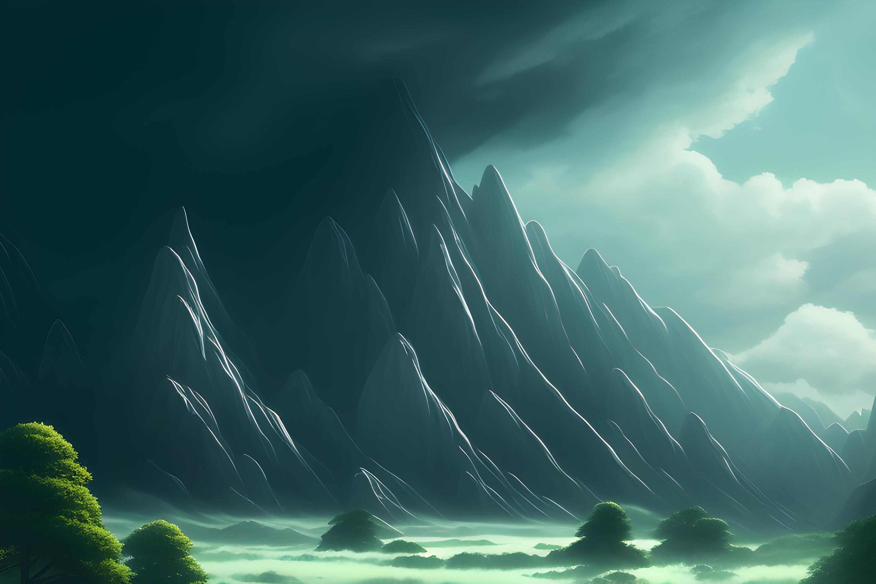 Dramatic dark mountain landscape, anime matte painting style, 
no characters, stormy sky, deep gree…